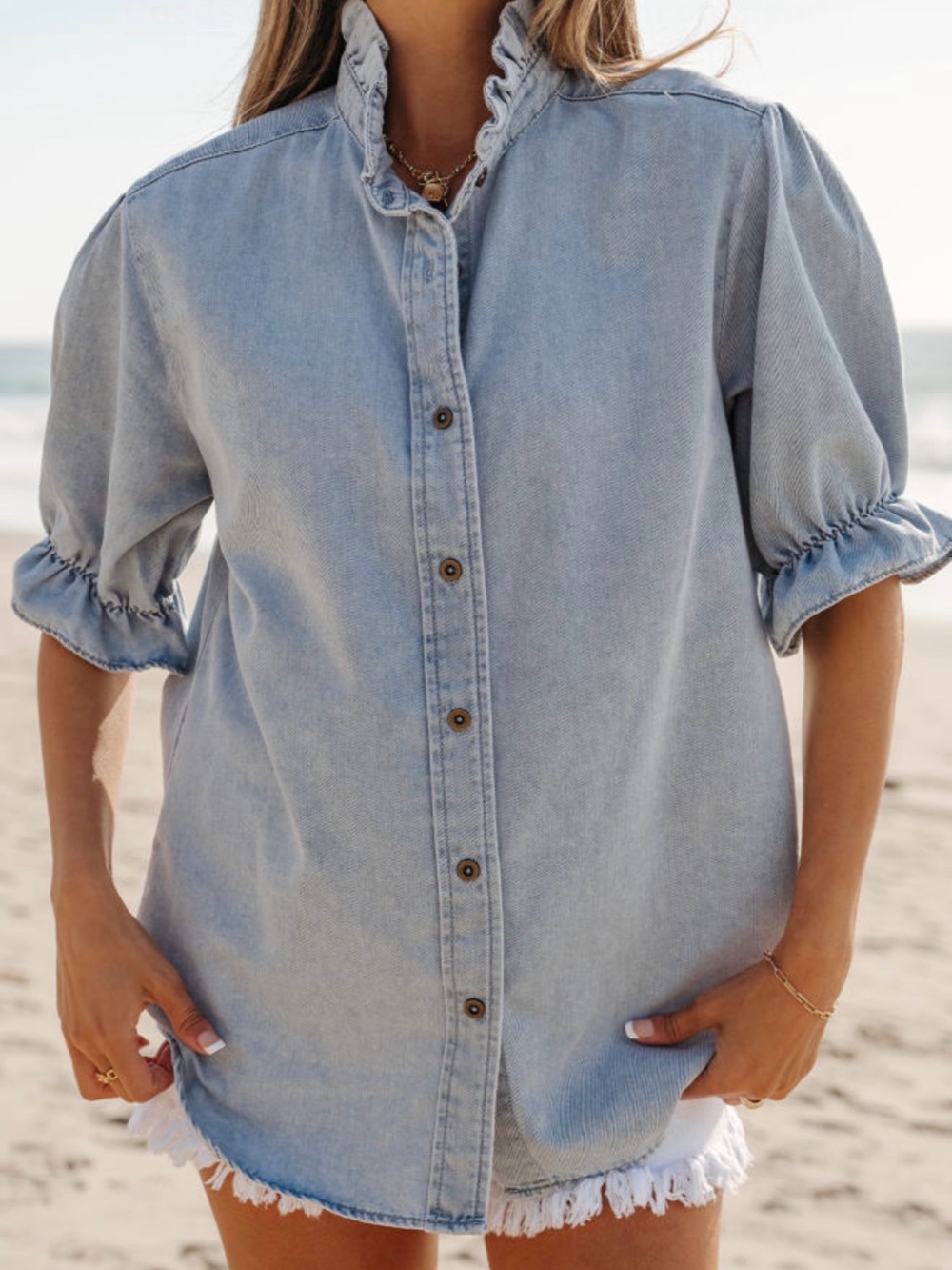 Ruffle short puff sleeve Women's Top - Picture 6 of 7